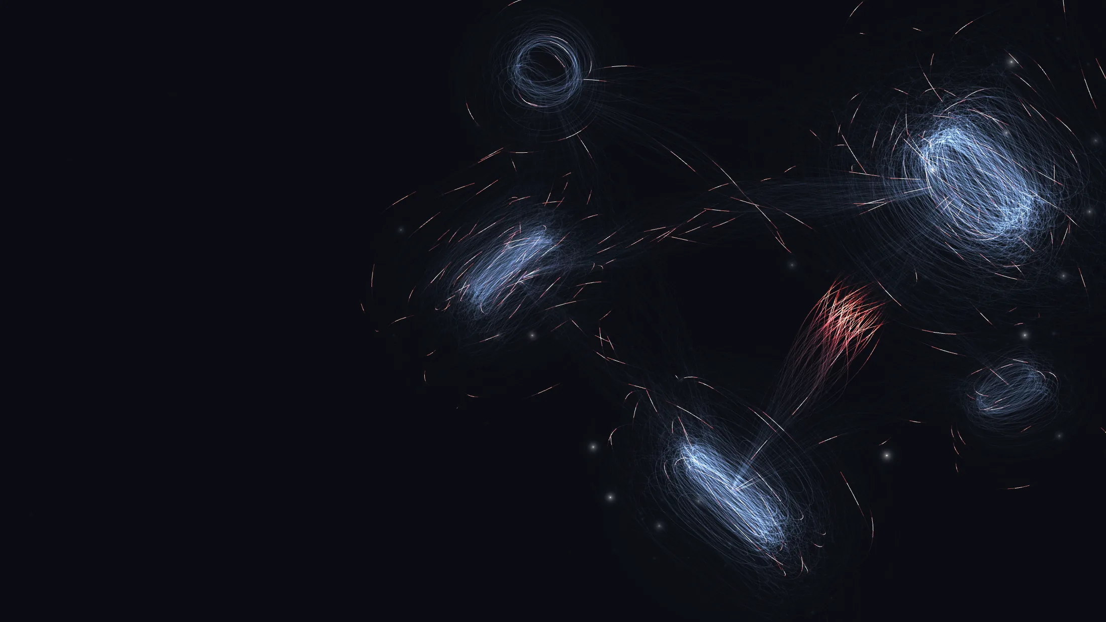 Five masses of fine luminous filament joined by long arcing tracts, drawn in cool silver on near-black with sparks of signal orange travelling along them